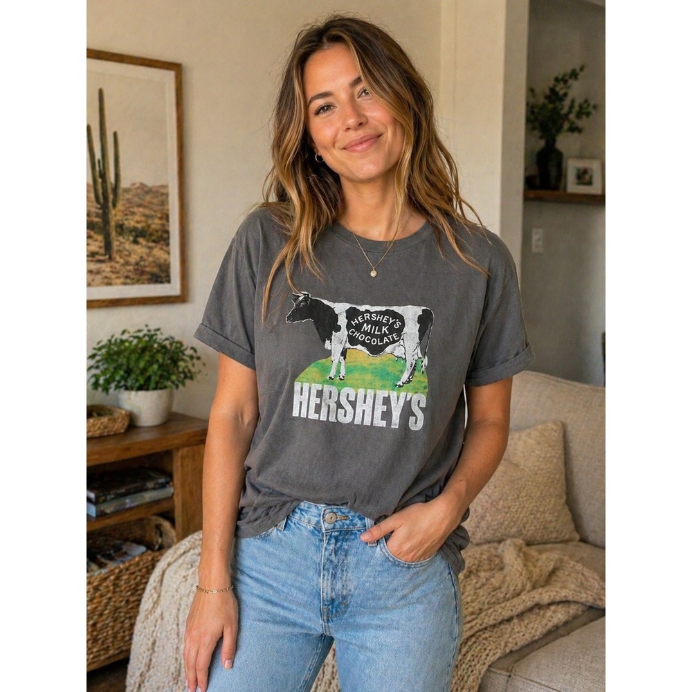 Vintage Uniqlo UT Hershey's Milk Chocolate Graphic T-Shirt Gray Cow Mens Sz L